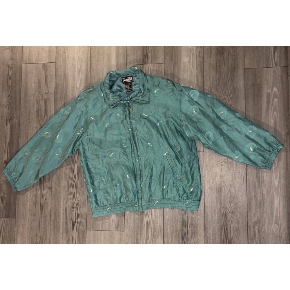 ABVIEN 100% Silk Bomber Jacket Large Teal Vintage 90s Y2K Zip Up vintage